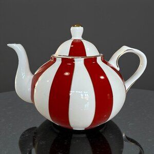 Bella Lux Holiday Collection Red White and Gold Teapot Striped